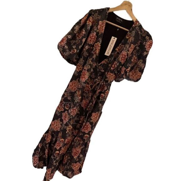 Minkpink Meyhda‎ Floral Puffer Sleeves Wraparound Boho Midi Dress Size Small NWT - Picture 4 of 16